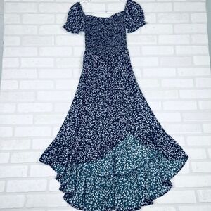 Mi Ami Girls Navy Blue Ditsy Floral Smocked High-Low Puff Sleeve Dress Size 12